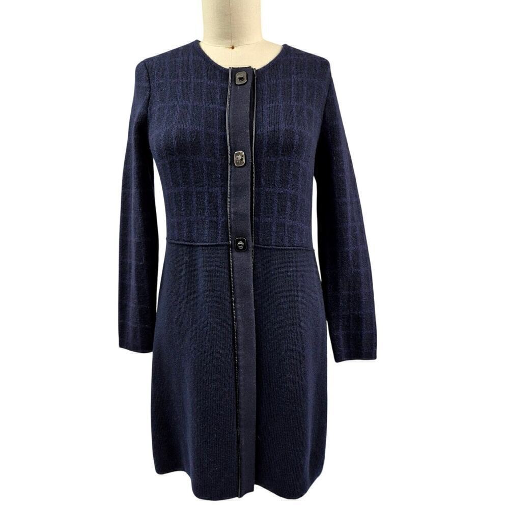 Tory Burch $598 Navy Wool Alpaca Windowpane Knit Long Sweatercoat Cardigan Sz L